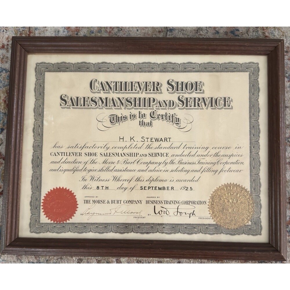 1925 Cantilever Shoe Salesmanship Certificate Diploma Antique Framed Wax Seal